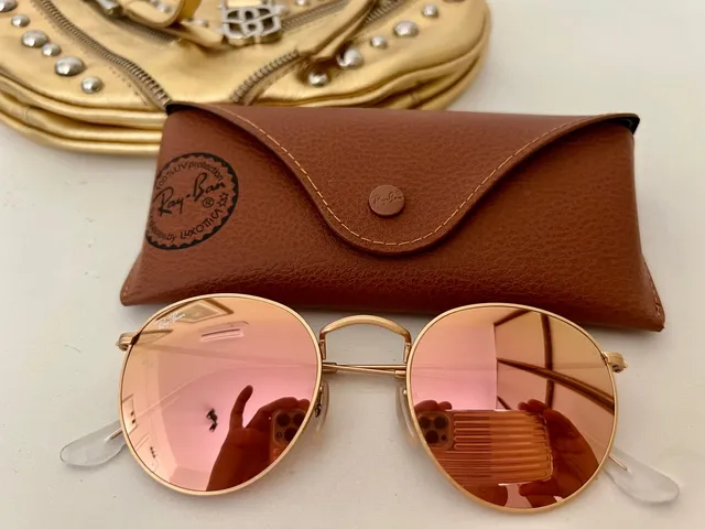 Óculos Ray-Ban Round RB3447 metal dourado lente espelhada rosê