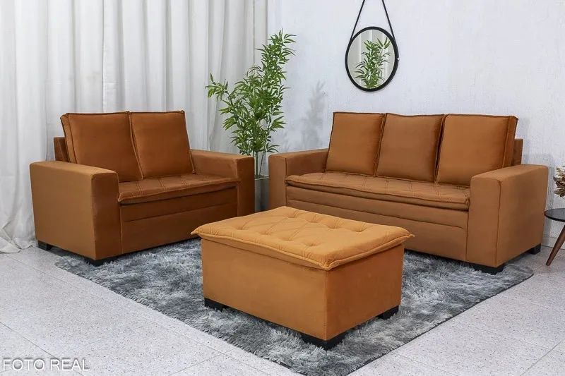 Sofá 3 e 2 lugares França com Puff Veludo Terracota rf544