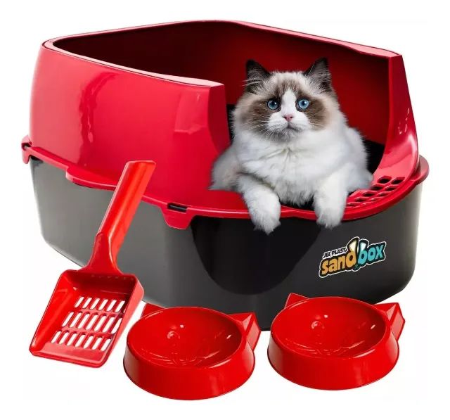 Caixa de Areia Para Gatos Vermelha Furba Sandbox Com Comedouros e Pazinha - Jel Plast