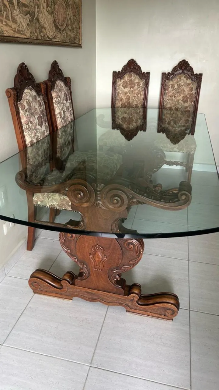 Mesa de Jantar Colonial 8 Lugares Tampo de Vidro Temperado 22mm