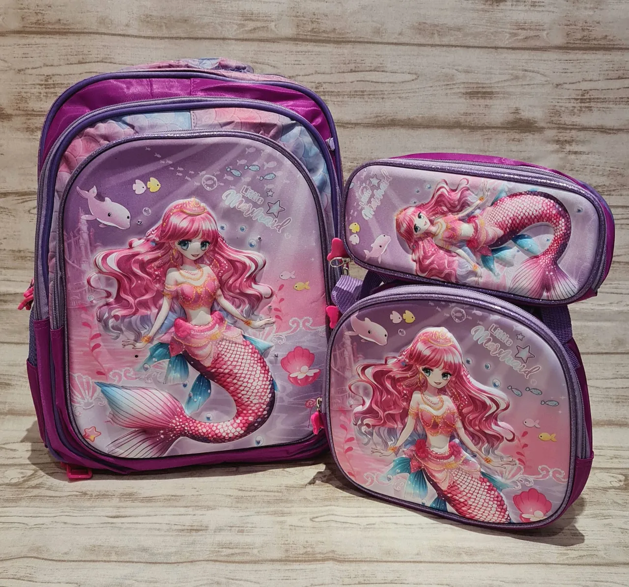 Conjunto de Mochila, Lancheira e Estojo Sereia