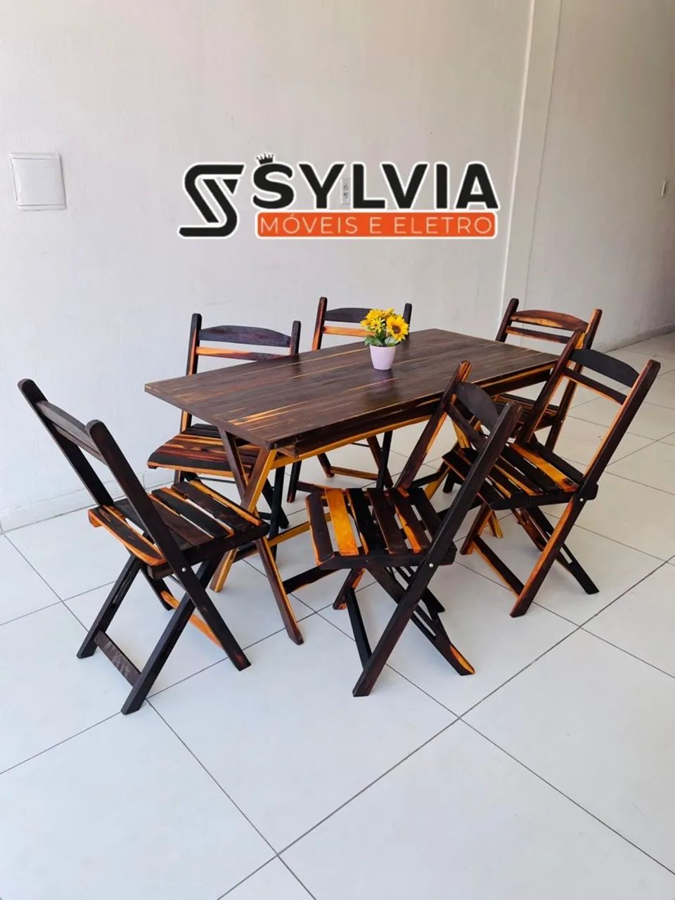 Conjunto dobrável 6 lugares envernizado 