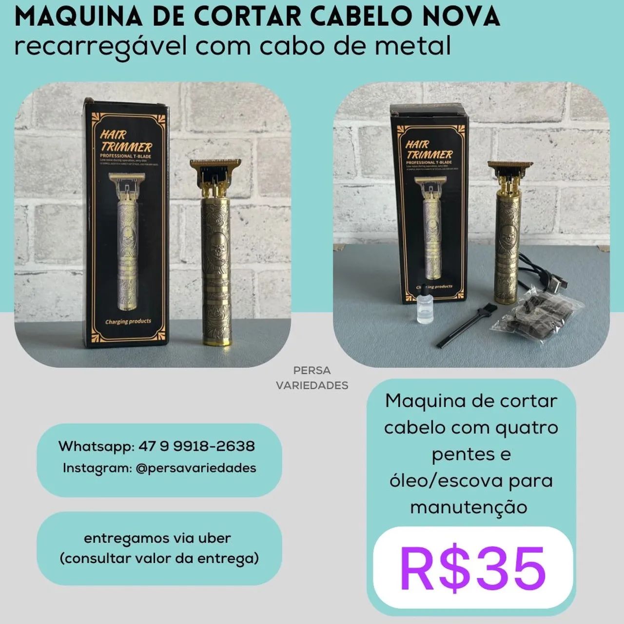 Máquina de Cortar Cabelo Recarregável - Cabo de Metal - 4 Pentes