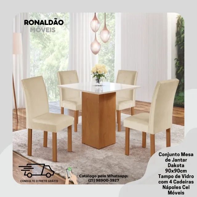 Mesa de Jantar Dakota 90x90cm Tmp de Vidro c/ 4 Cadeiras Napoles Bege - Entrega Rapida!