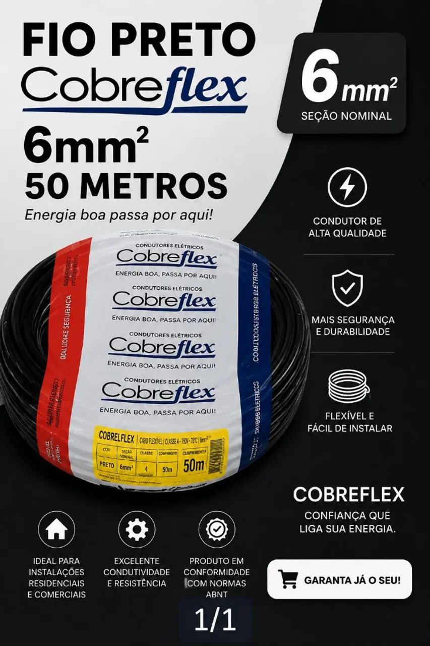 Fio Cabo 6mm 50m Cobreflex Preto - Novo