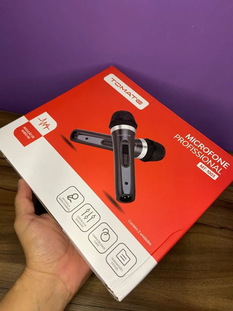 Microfone Profissional Duplo com Fio Metal Mt-1003 - Tomate - Foto 4