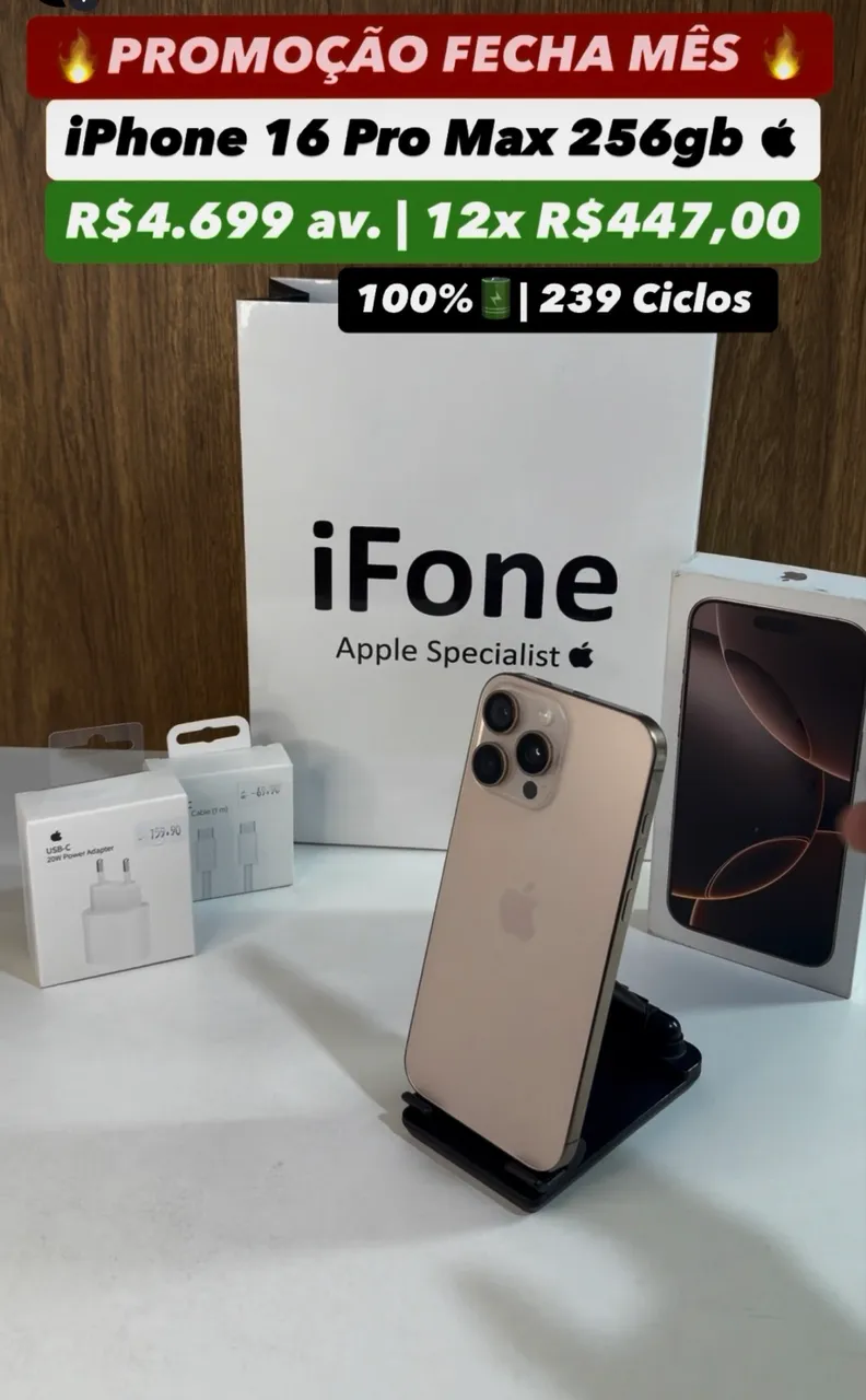 iPhone 16 Pro Max 256gb Preto Semi Novo - 100% | 198 ciclos em até