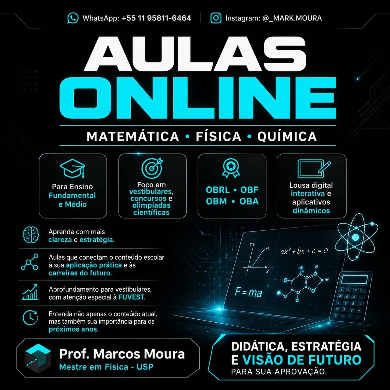 Aulas online de Física, Matemática e Química.