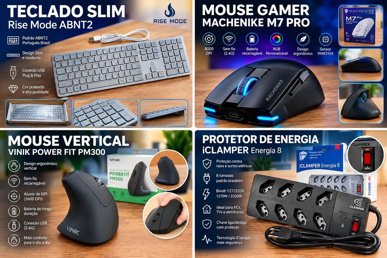 Kit Informática - Teclado + 2 Mouses + iClamper Energia 8