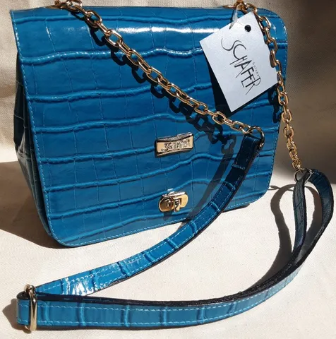 Bolsa Clutch Transversal Couro Legítimo Estampa Croco Azul