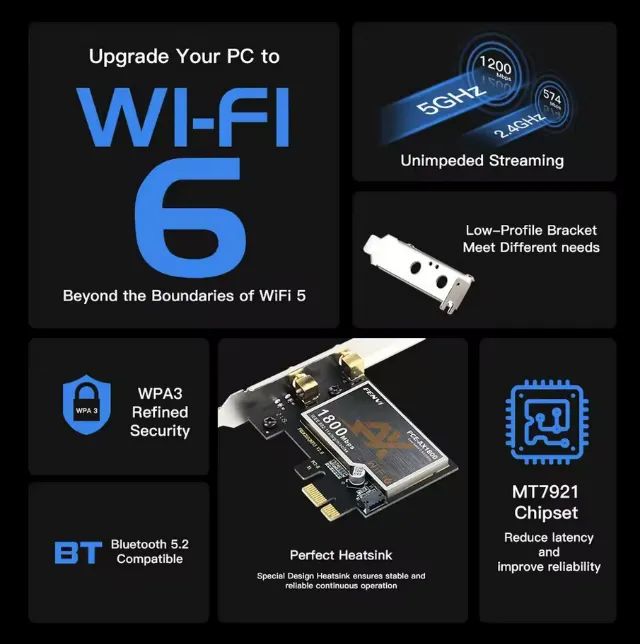 Placa de Rede Fenvi Adaptador PCIe WiFi 6 1800Mbps AX1800 BT5.2 Dual Band - Foto 2