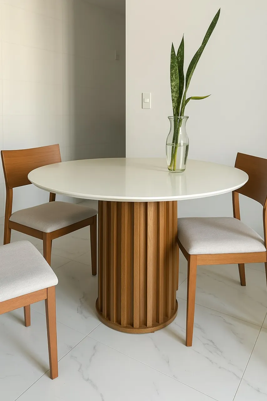 Mesa de Jantar Redonda com Base de Madeira e Tampo de Vidro - 4 Lugares
