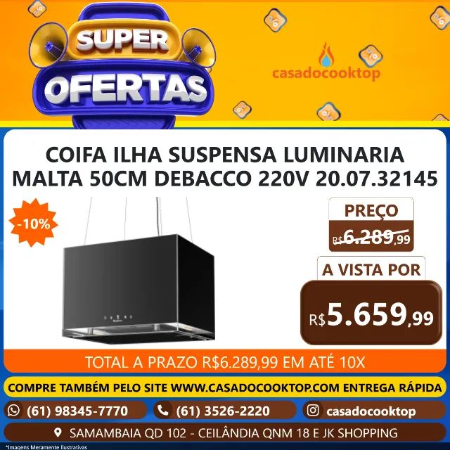 COIFA ILHA SUSPENSA LUMINARIA MALTA 50CM DEBACCO 220V 20.07.32145