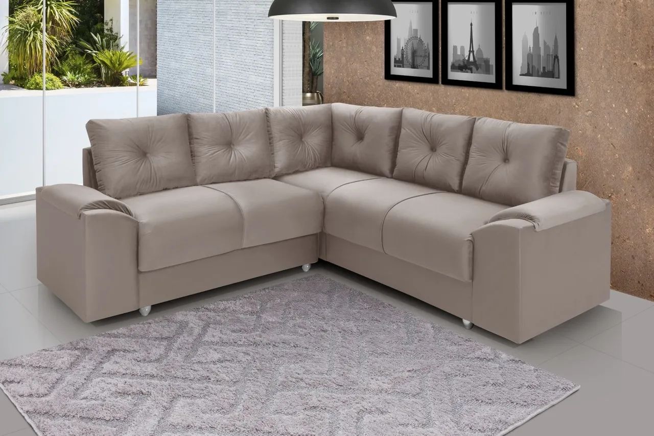 SOFÁ DE CANTO COM ALMOFADAS E BRAÇOS ACOLCHOADOS