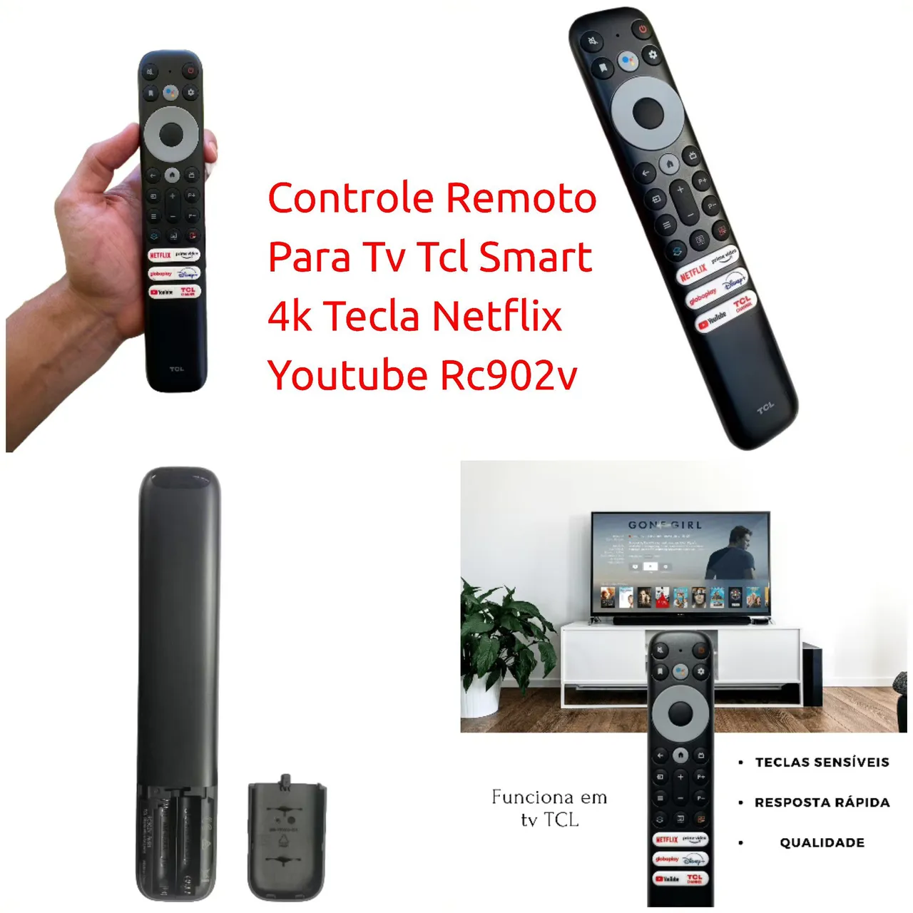 Controle Remoto Smart TV TCL 4K Netflix Youtube RC902V