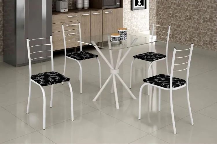 7 Conjunto Mesa Rio 70x70 Branco Tmp Vidro Quadrado com 4 Cds Branco.
