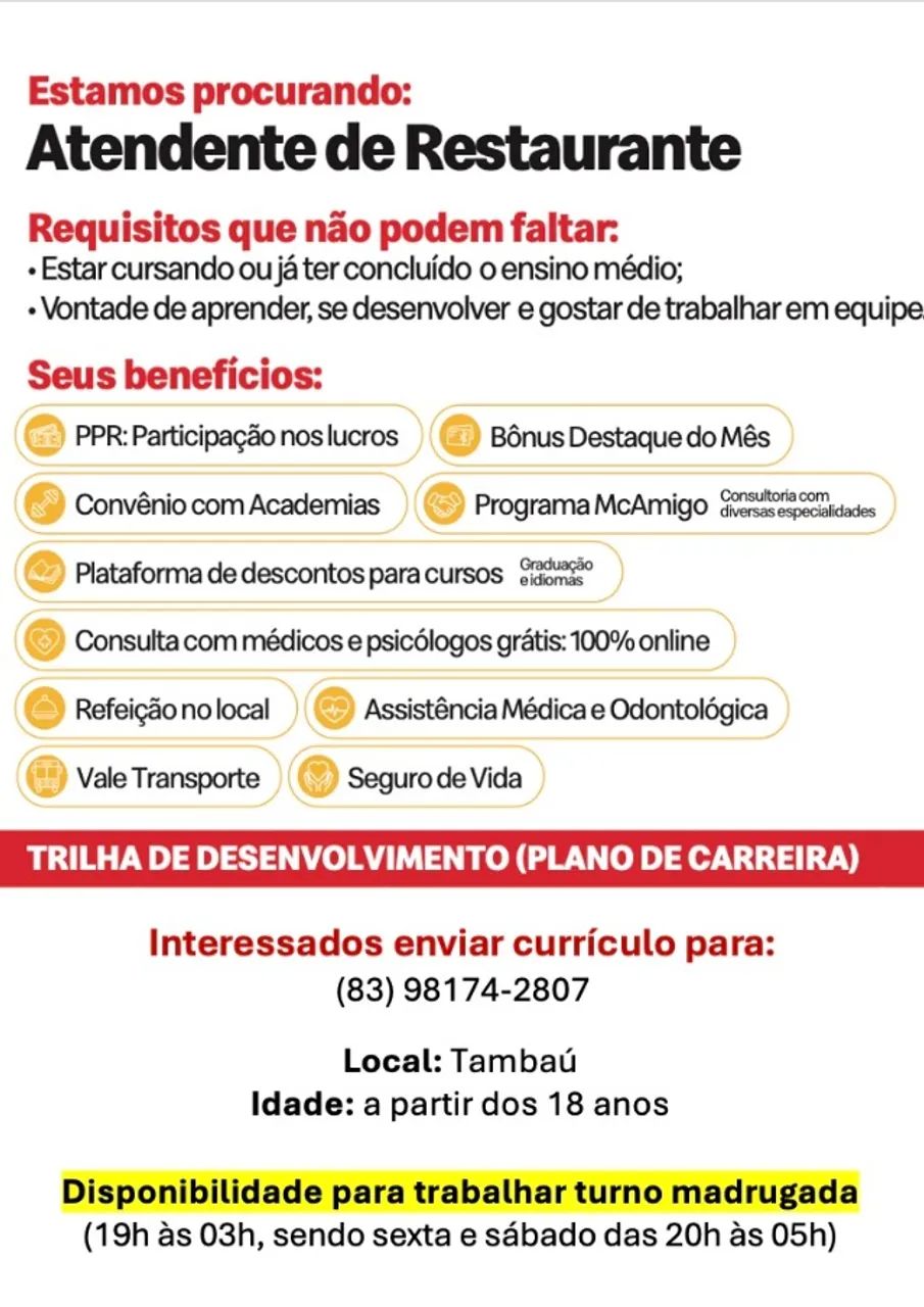 Vaga de emprego - Atendente de Restaurante
