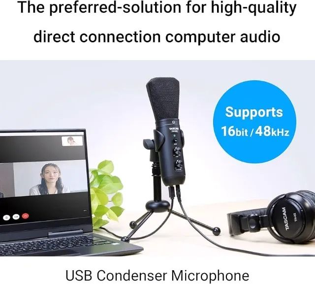 Microfone condensador USB Tascam TM-250U para gravação de lives, seminovo.