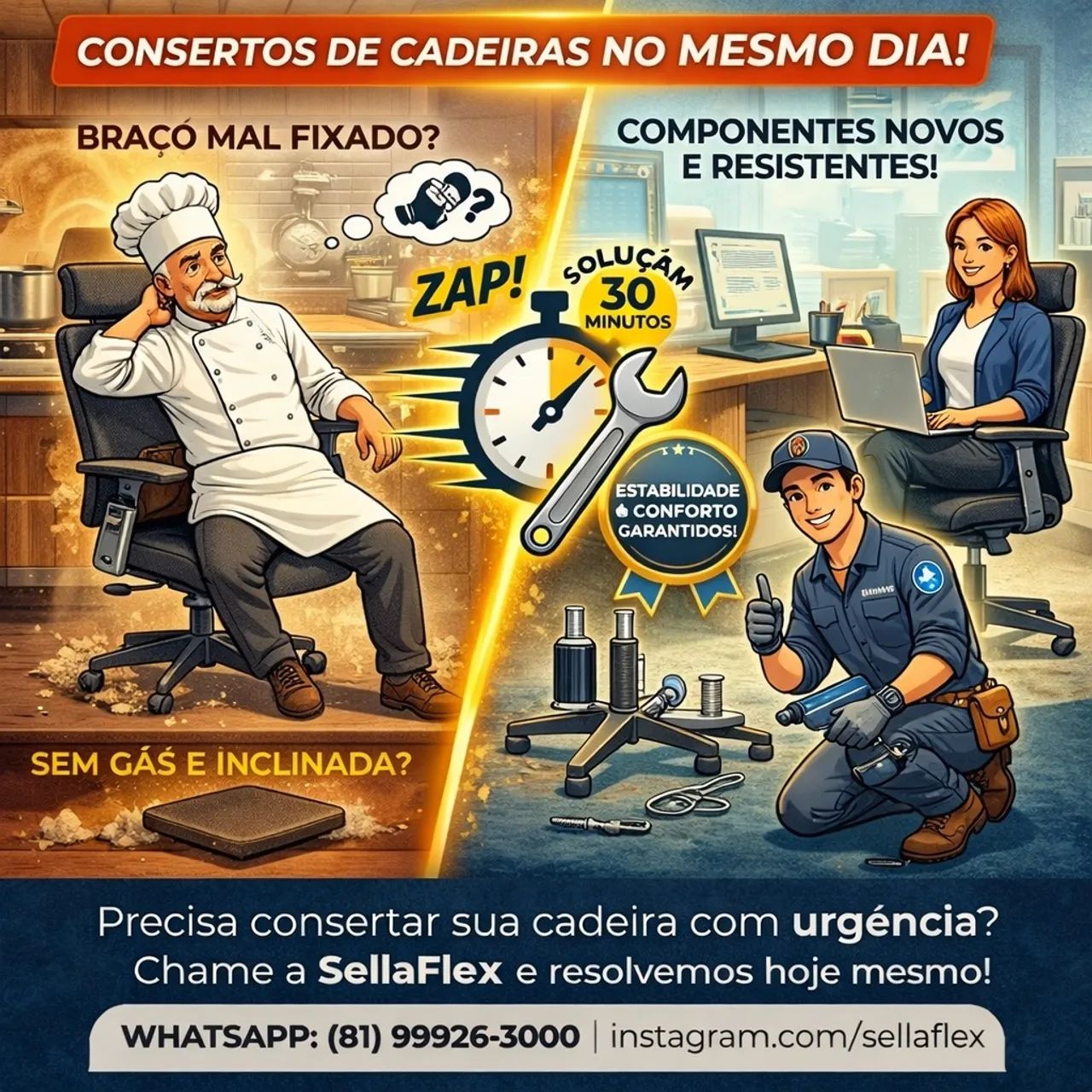 Cadeira de escritório com braço mal fixado - vamos até você 