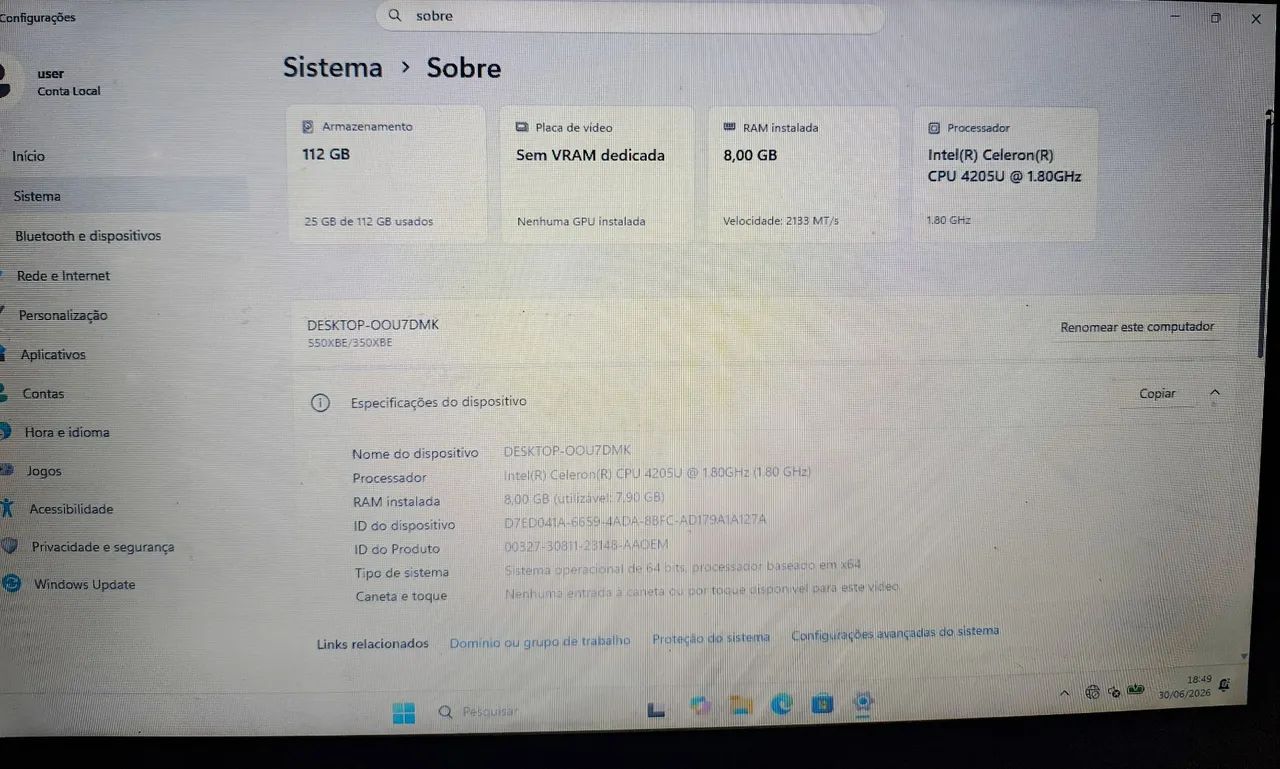 Notebook Samsung (112gb de SSD, 8GB de ram/ pacote office instalado)