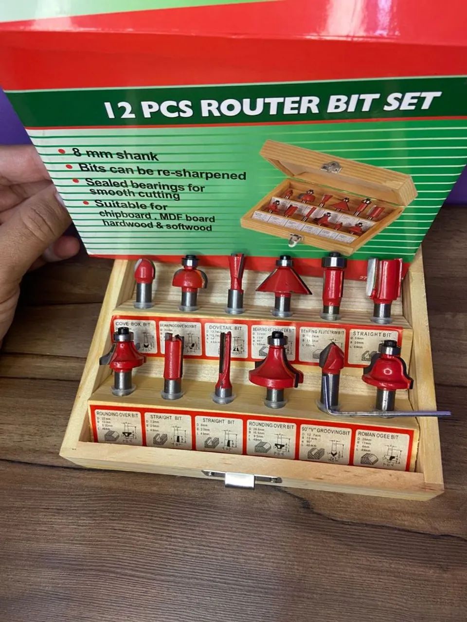 Jogo Kit Fresas Pra Tupia 12 Pçs 8mm + Estojo De Madeira