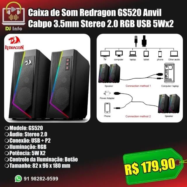 Caixa de Som Redragon GS520 Anvil 3.5mm Stereo 2.0 RGB USB