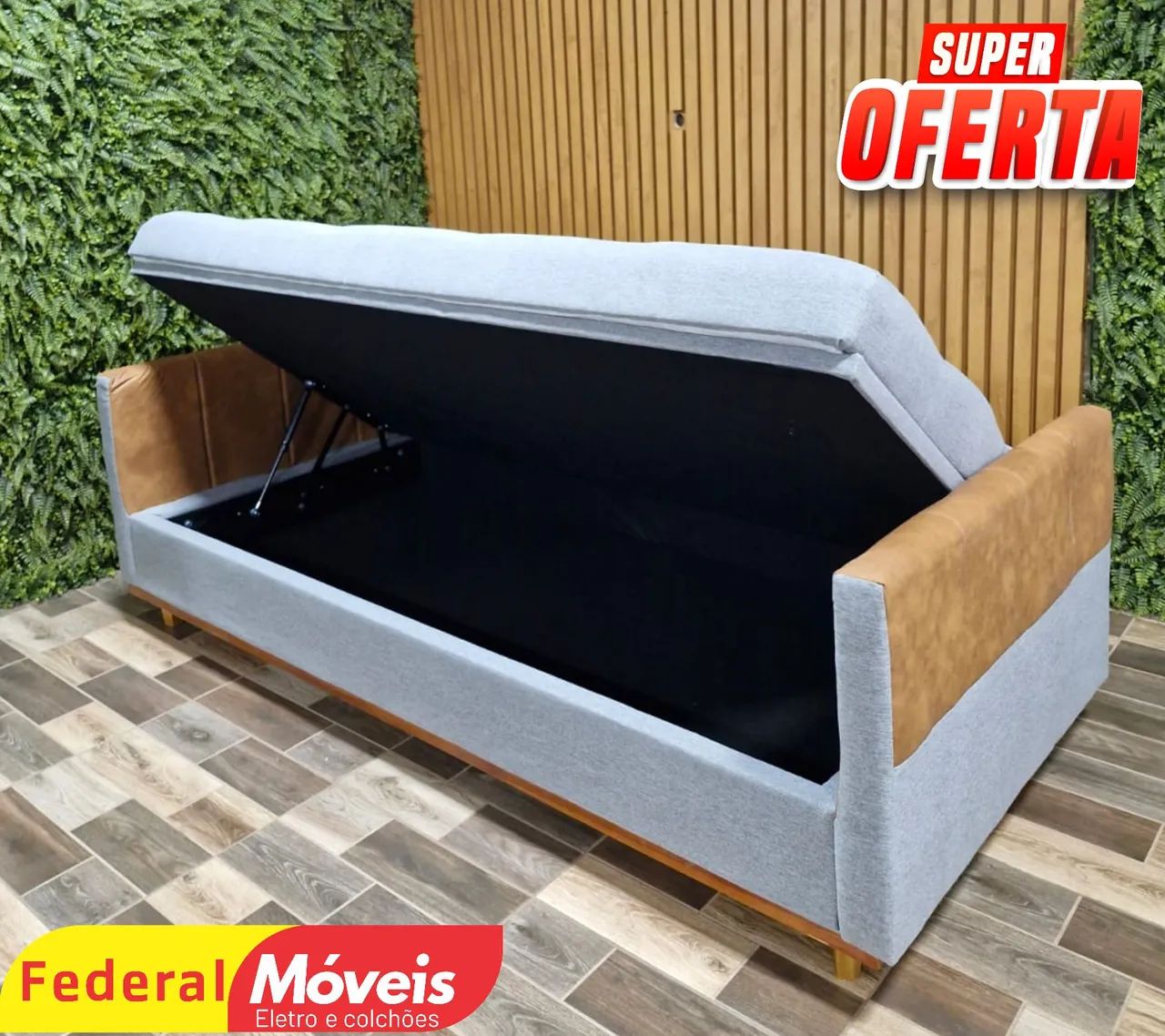 Sofá Cama Baú em Linho e detalhe em Courino 2,05m - Entregamos - Foto 3