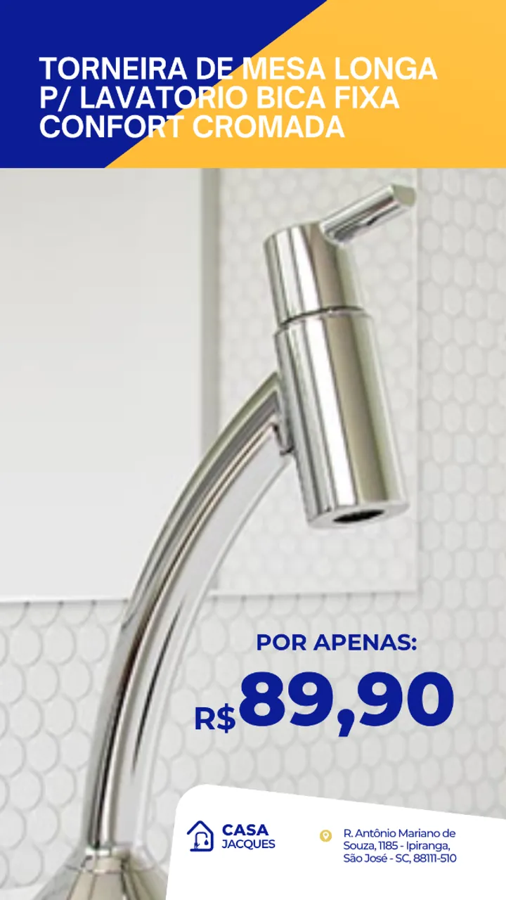 Torneira de mesa longa para lavatório bica fixa Confort cromada