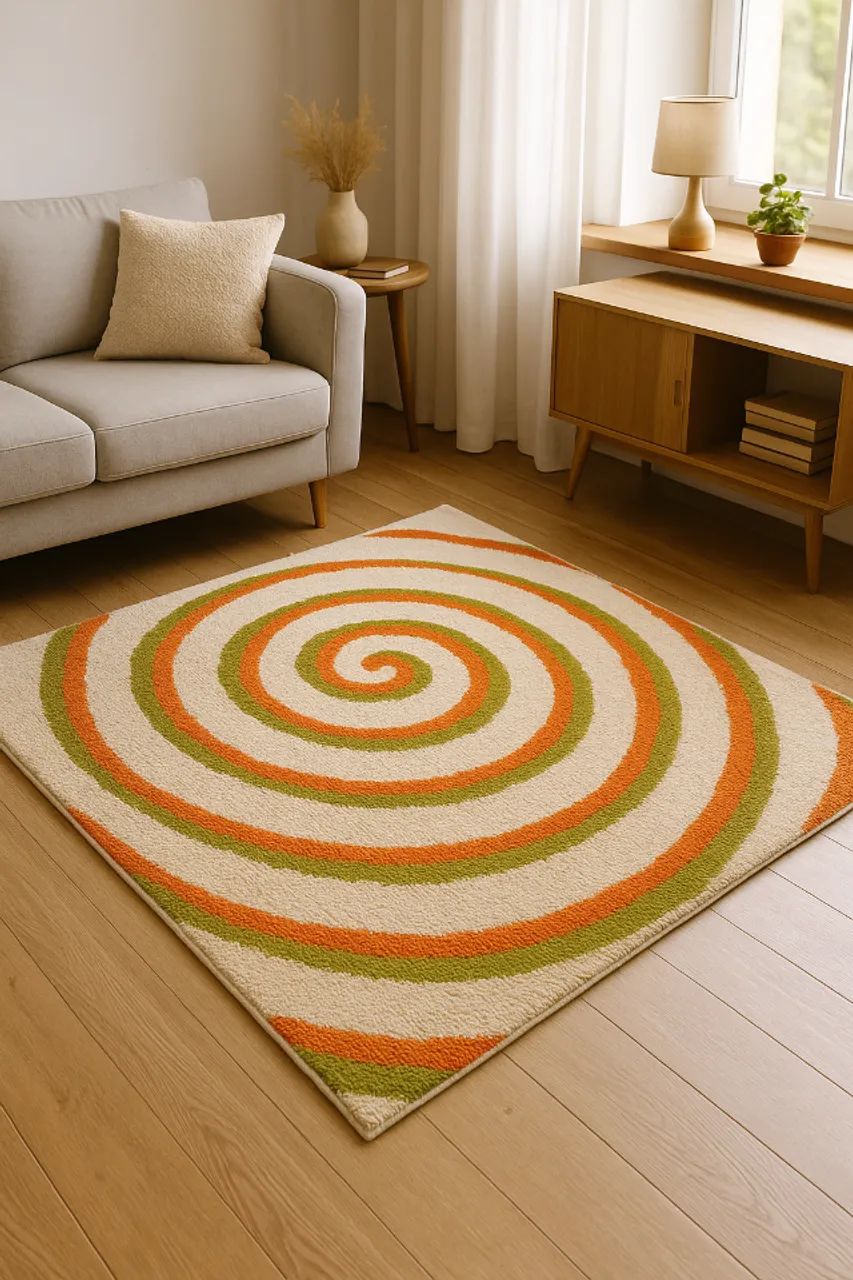Tapete Turco Kartal Espiral Bege, Laranja e Verde - 2m x 1,4m