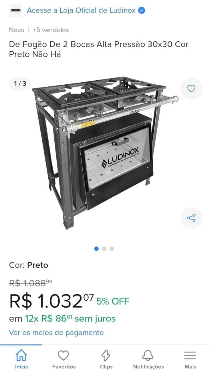 Fogão De 2 Bocas Alta Pressão 30x30 Cor Preto - Ludinox