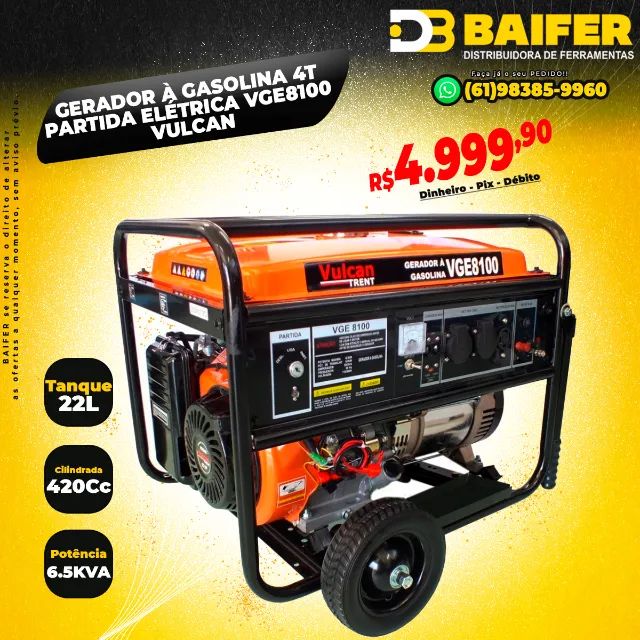Gerador à Gasolina 4T Partida Elétrica 420Cc 15Hp VGE8100 6.5KVA Vulcan