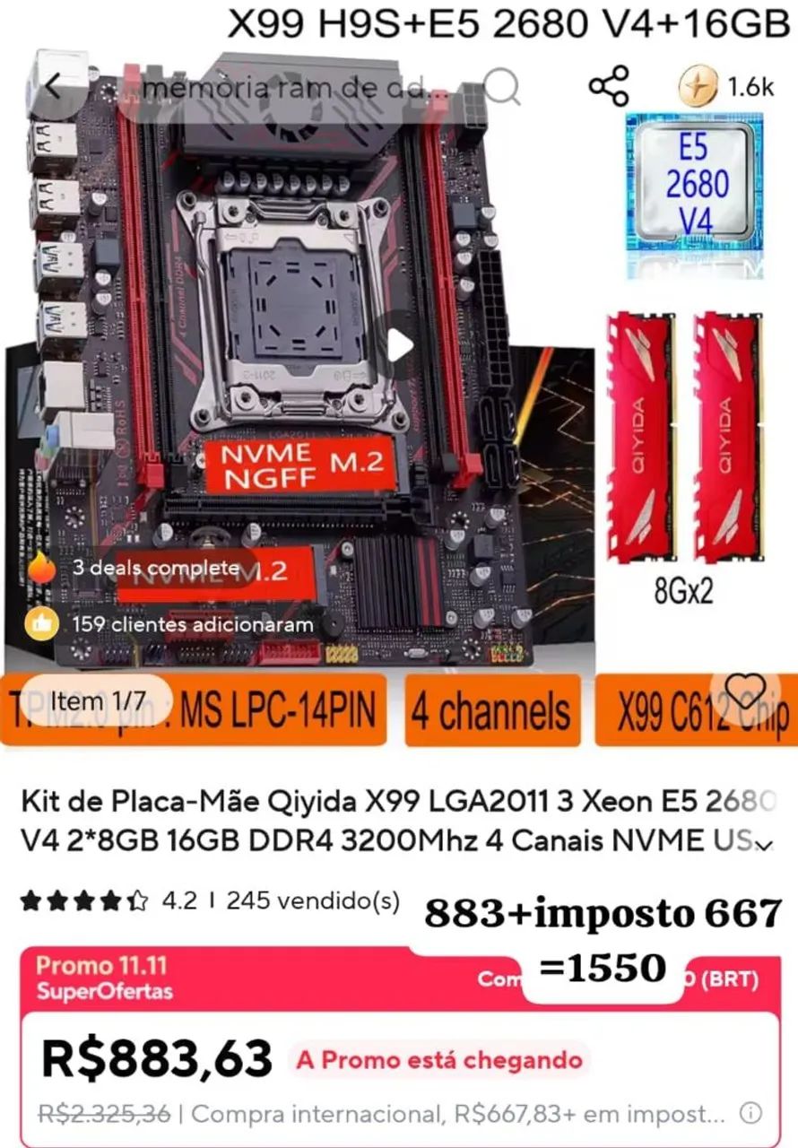 Kit xeon e5 2680v4 16gb ddr4 3200mhz 