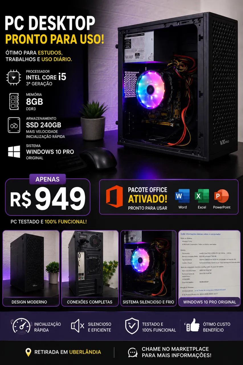  PC Desktop i5 3ª Geração + 8GB RAM + SSD 240GB | Pronto para Usar