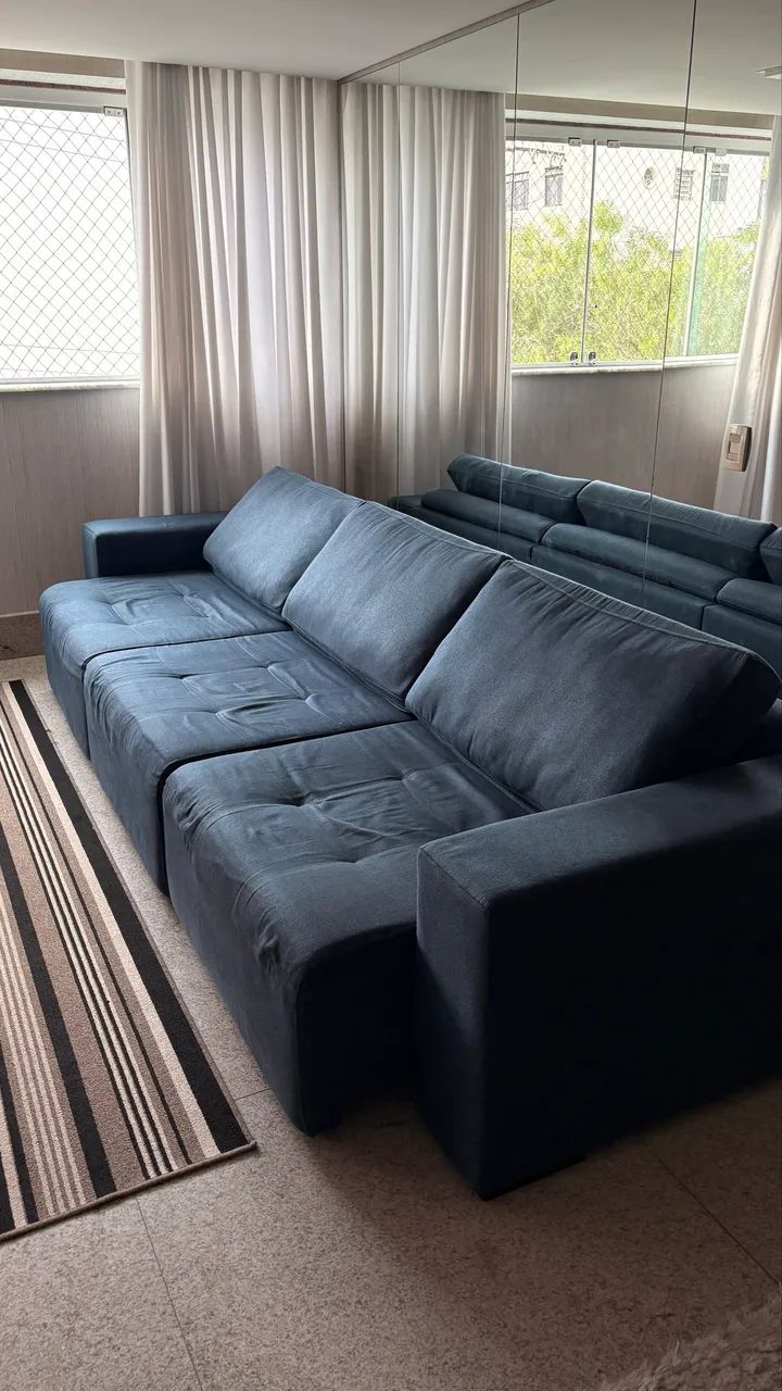 Sofá Cama retrátil de linho azul marinho mais 2 puffs de mesma cor e tecido de brinde - Foto 5