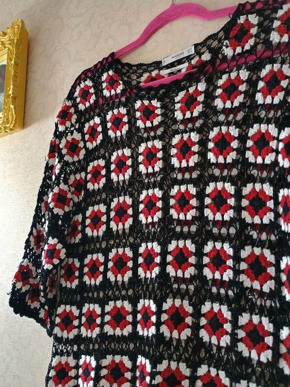 Blusa de crochê artesanal preto e vermelho | Mango m - Foto 3
