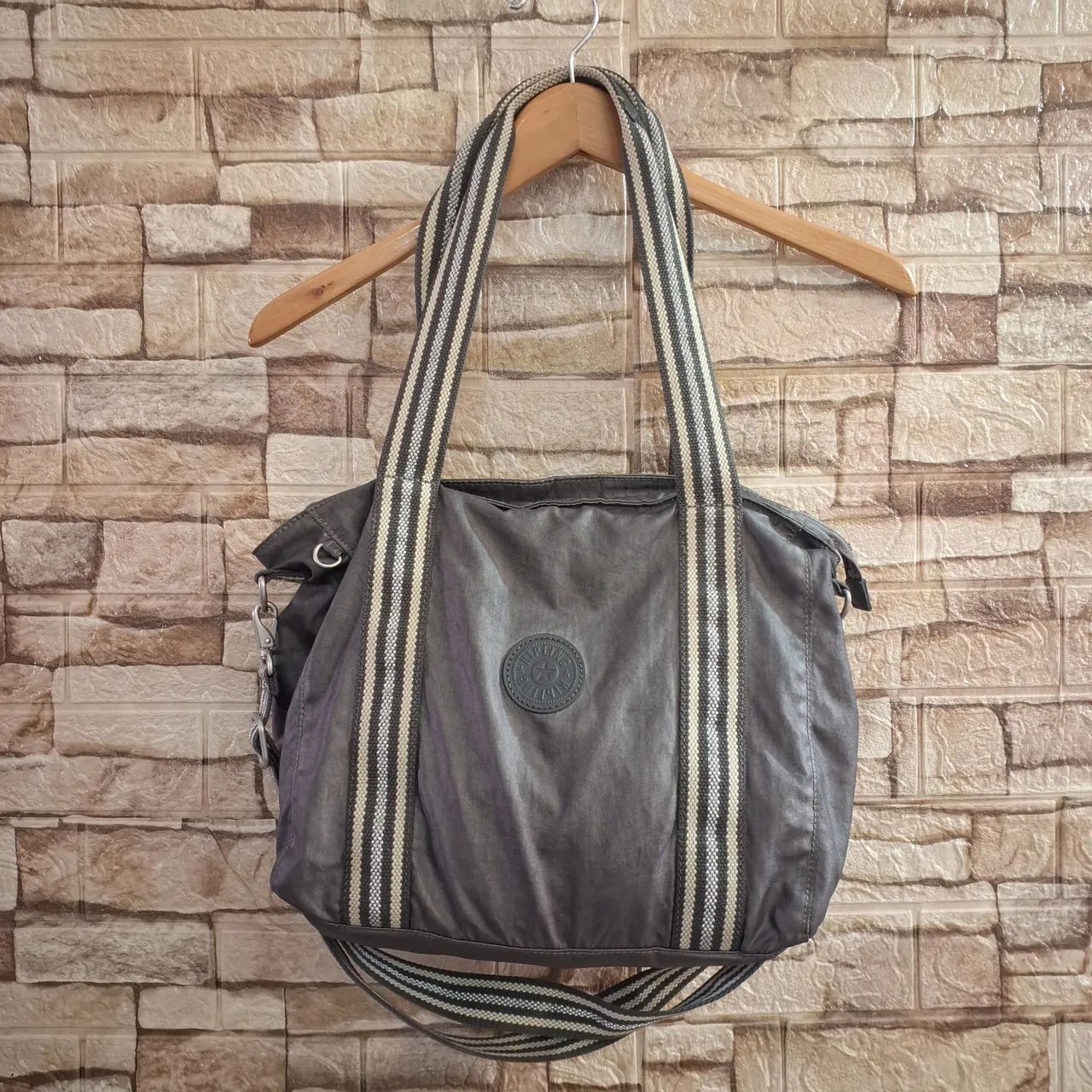 Kipling Asseni Metallic Gray Carbon Shoulder Bag Tote