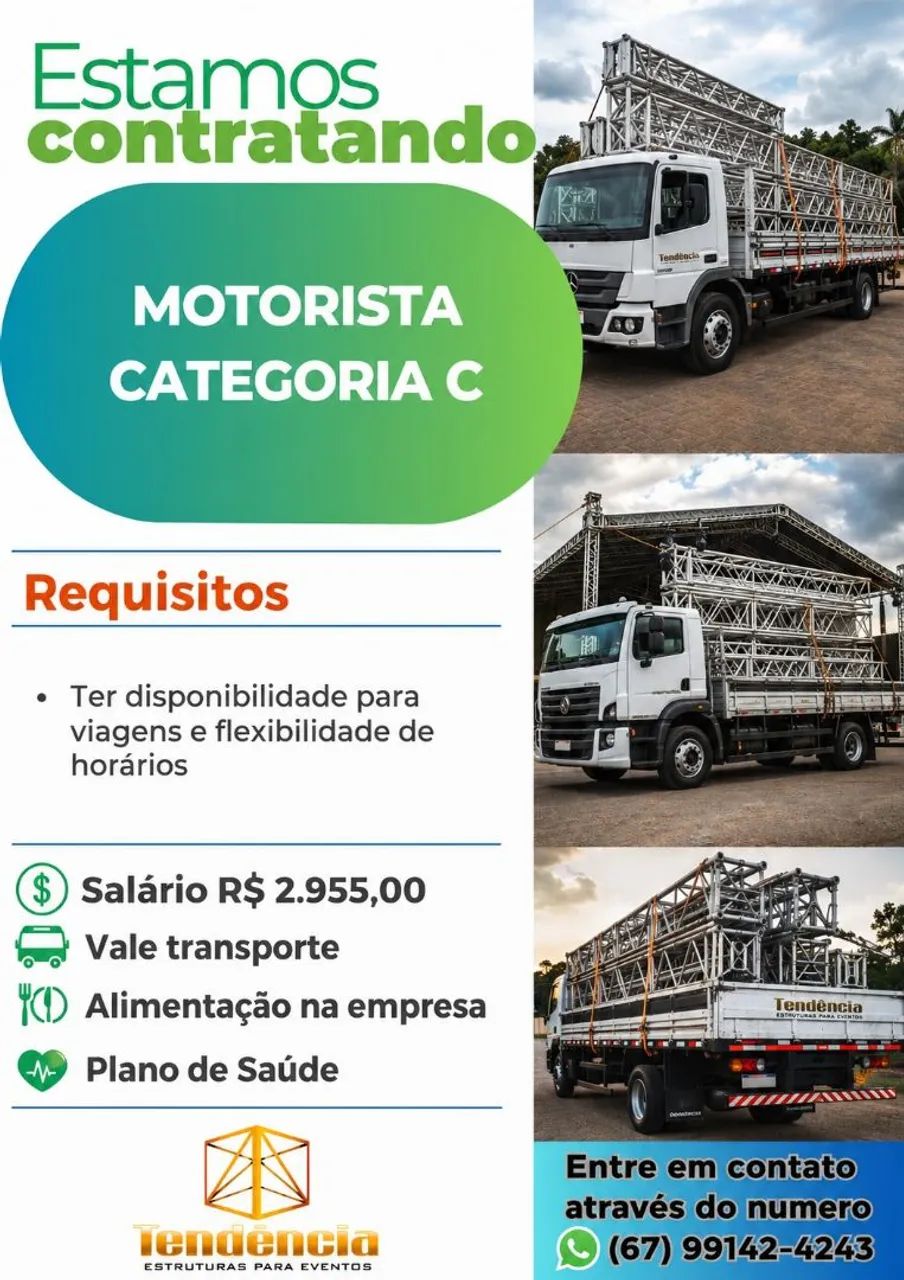 Vaga de emprego motorista categoria C período integral