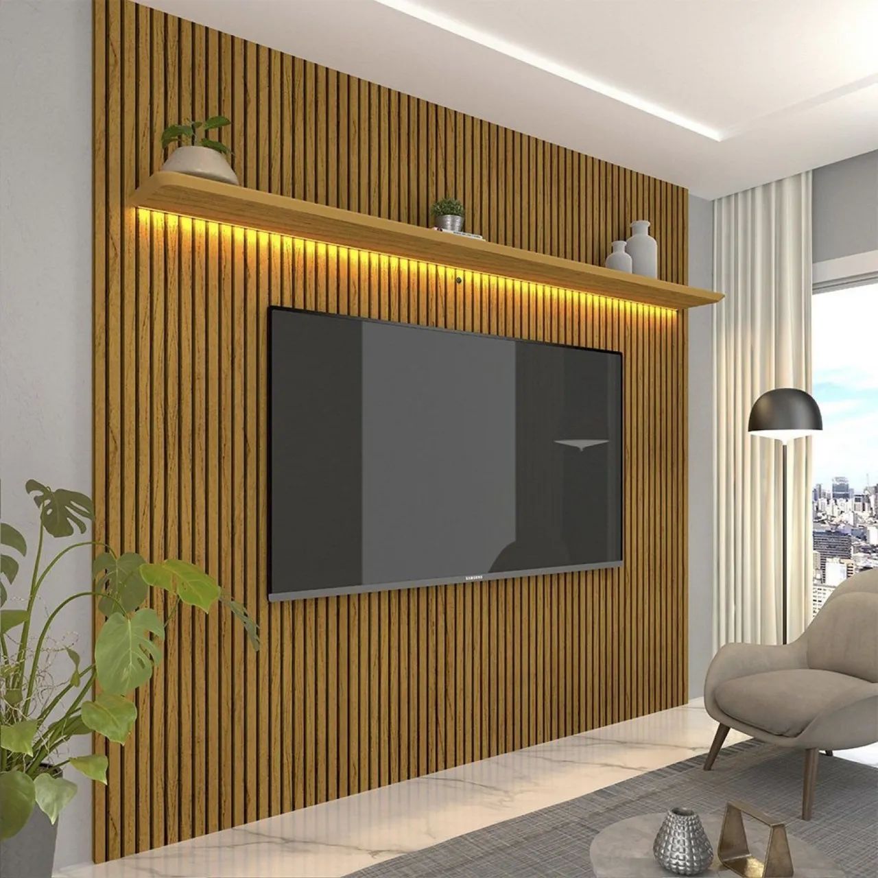 Painel Ripado para TV até 90 Polegadas com LED 100% MDF 224CMX250CM Impressão Ripada 