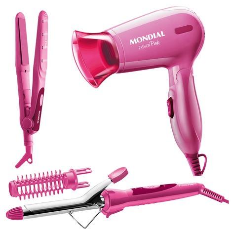 Kit Secador + Escova Modeladora + Prancha Alisadora Rosa Fashion Pink Mondial - 190,00
