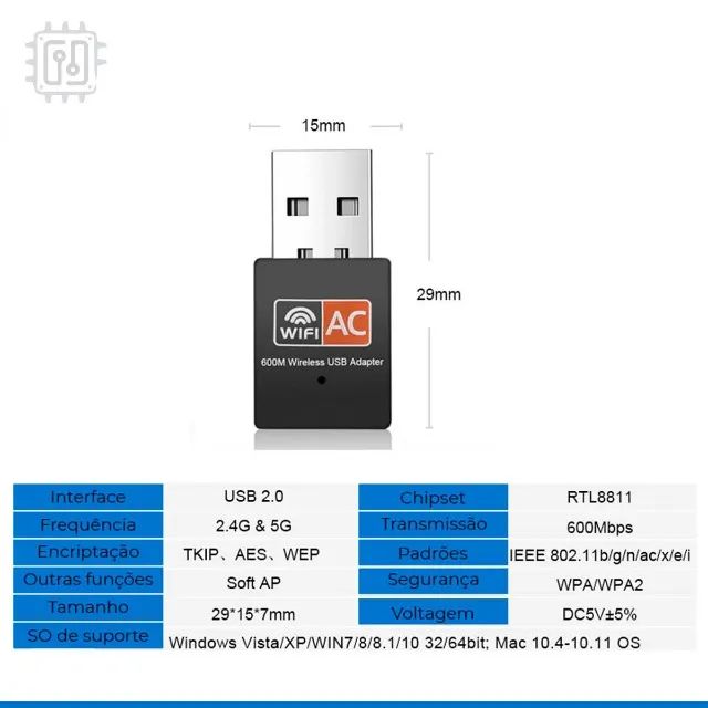 Adaptador USB de Rede Wifi Receptor Wireless Sem Fio 2.4Ghz 5.0Ghz Dual Band AC 5G - Foto 2