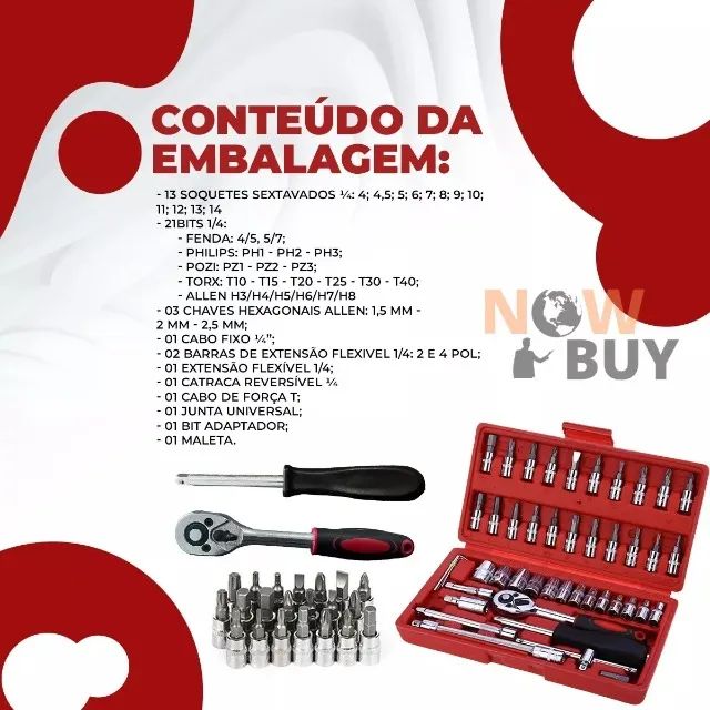 Jogo De Soquete Aço Crv 1/4 Catraca Chave Allen 46 peças com Maleta - Foto 2