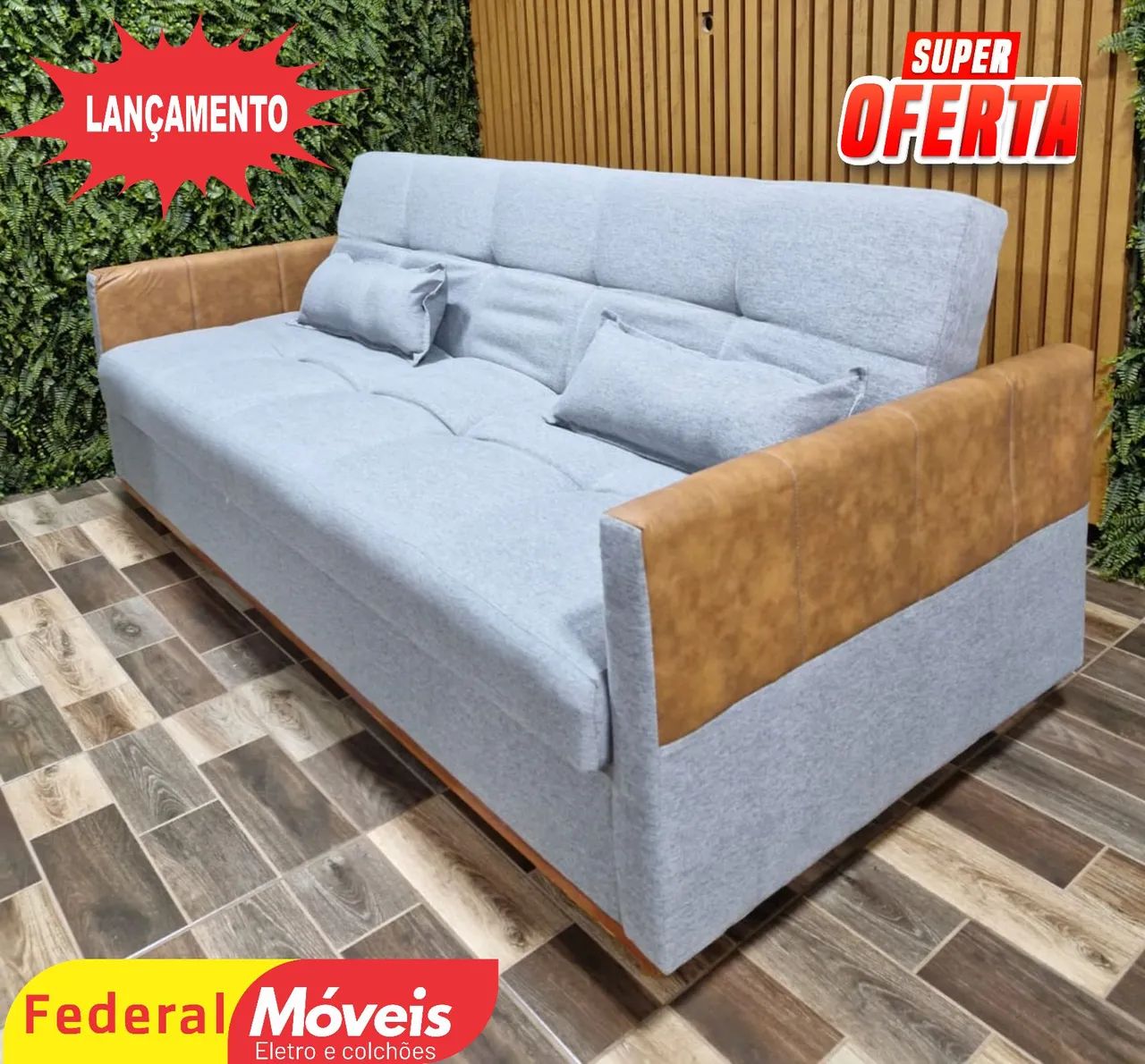 Sofá Cama Baú em Linho e detalhe em Courino 2,05m - Entregamos