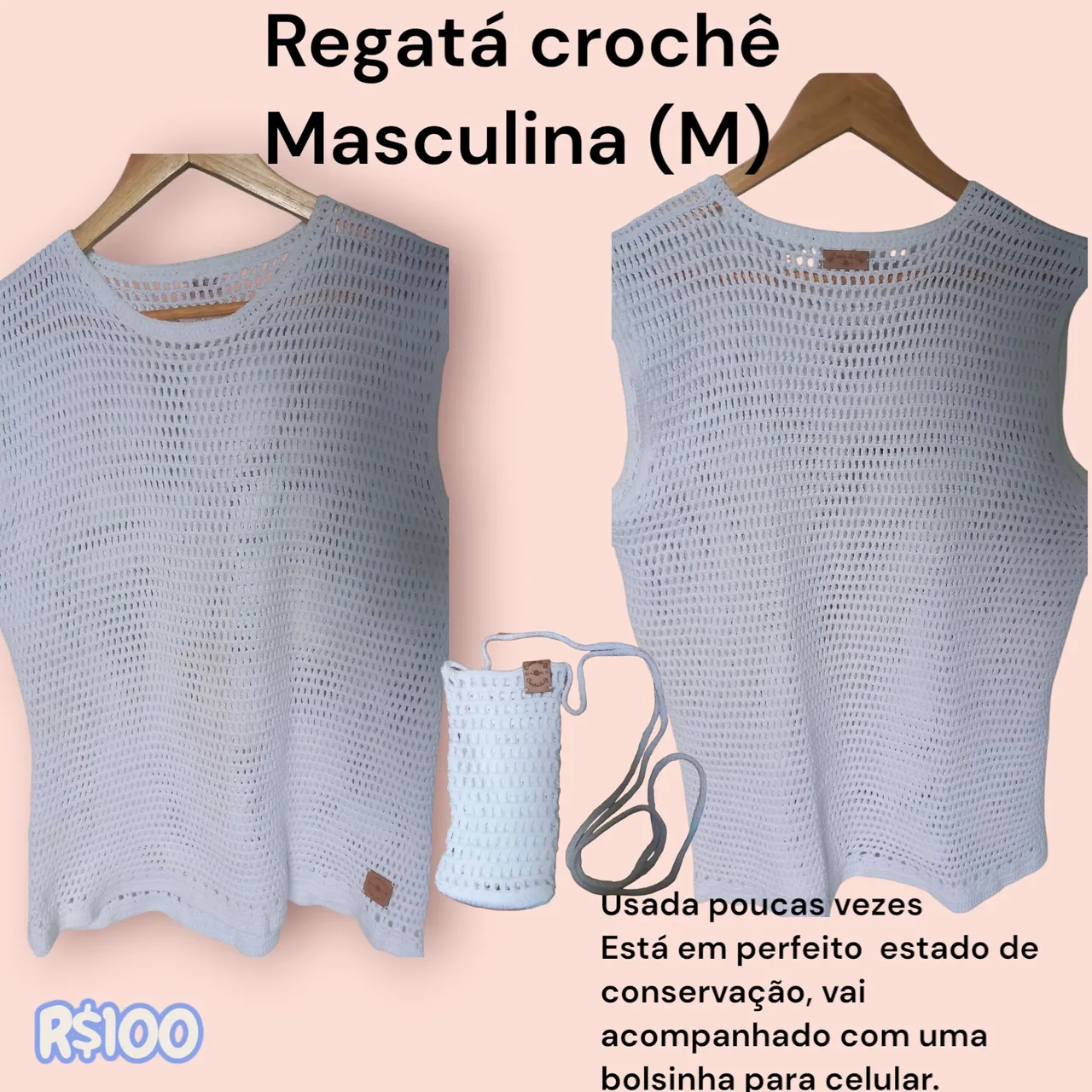 Regata crochê masculina (M) com bolsinha para celular