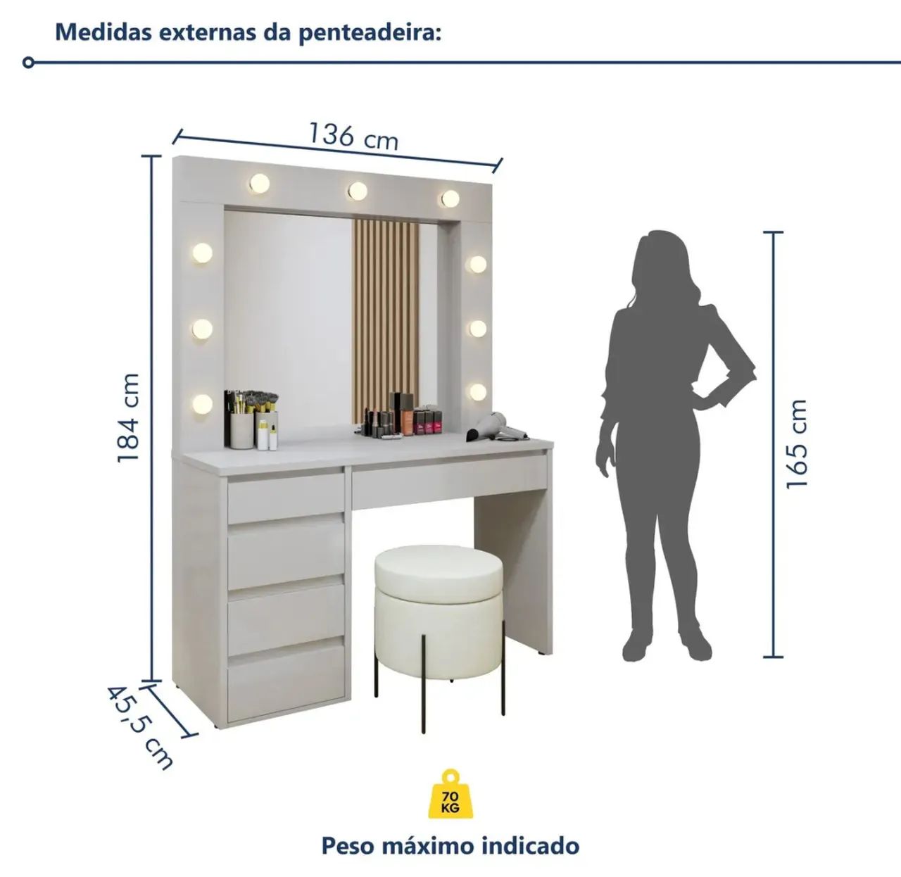 Penteadeira Camarim, com espelho iluminado. 6 gavetas (Acompanha a cadeira) - Foto 2