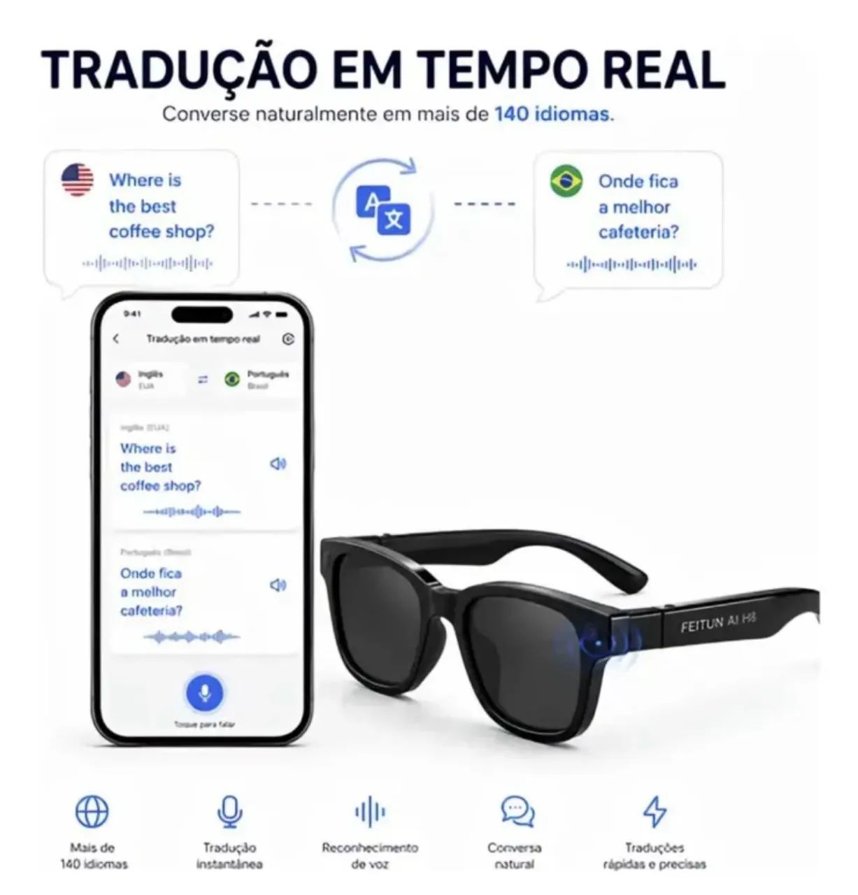 Óculos Inteligente Smart Glasses com IA, Câmera, Bluetooth e Tradução - Foto 3
