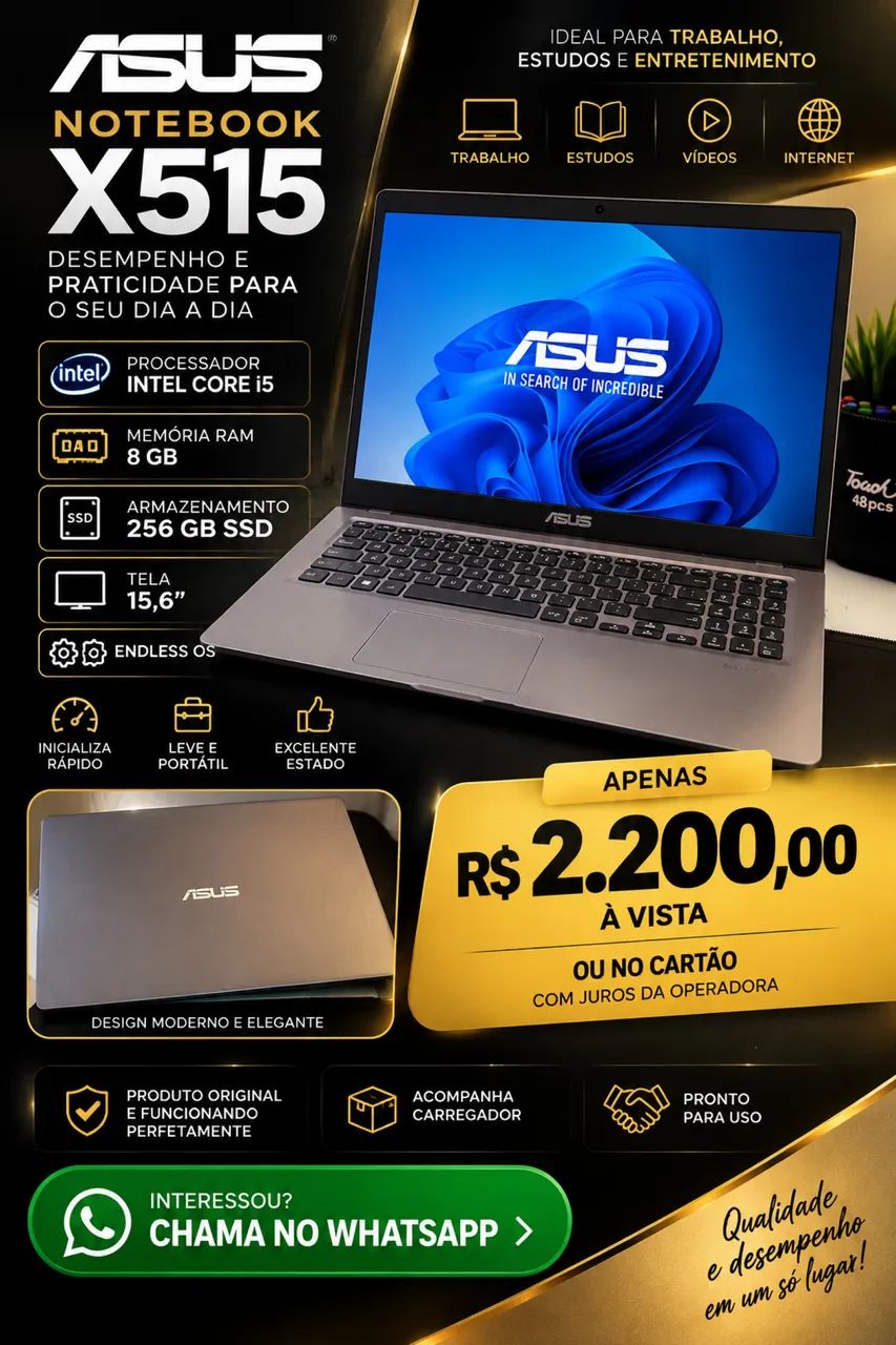 Notebook ASUS X515 Core i5 | 8GB RAM | SSD 256GB | Tela 15,6?