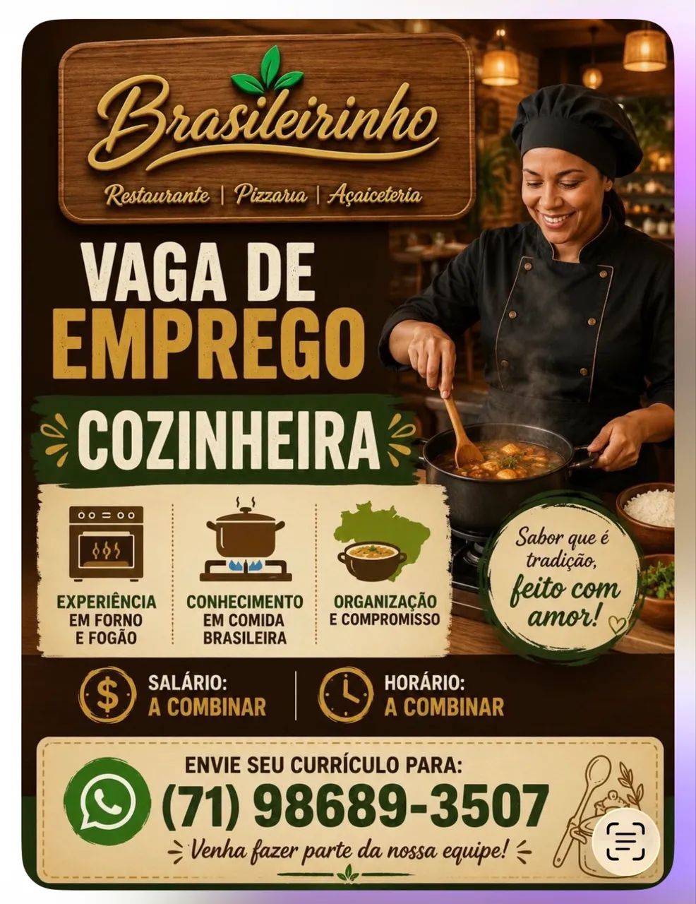 Vaga para cozinheira 