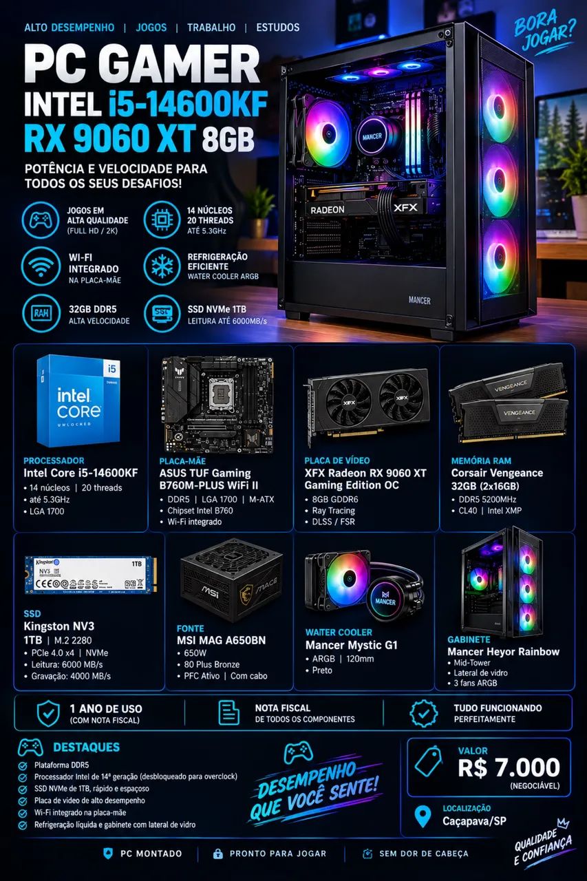 PC Gamer Intel i5-14600KF + RX 9060 XT 8GB