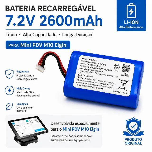 Bateria De Litio 7.2v 2600mah Para Mini Pdv M10 Elgin