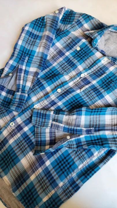 Camisa Infantil Meninos Xadrez Azul Mangas Compridas Gap Kids tam 10/11 ótima - Foto 4